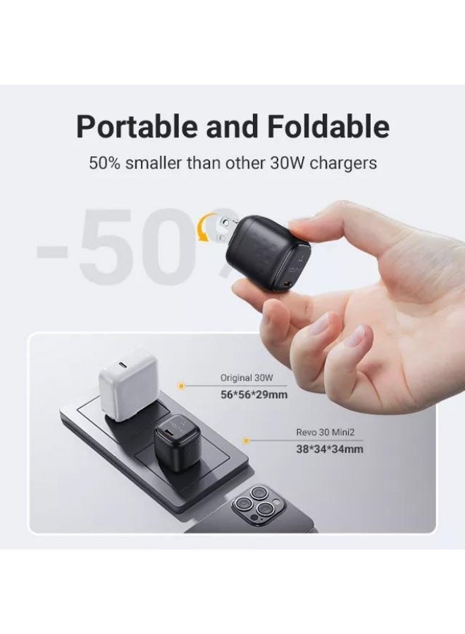 فولتمي شاحن جداري VOLTME Revo 30 Mini2 بقوة 30 واط بتقنية GaN، مزود بمنفذ USB-C، يدعم الشحن السريع PD 3.0 وPPS، شاحن صغير الحجم لأجهزة iPhone وSamsung Galaxy وiPad وMacBook Air والأجهزة المزودة بمنفذ USB-C. يتضمن كابل من النوع C. - Image 2