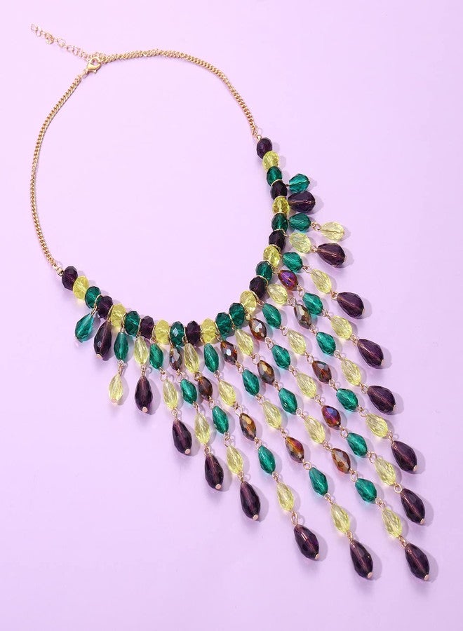 ARATLENCH Mardi Gras Beads Necklacce Multilayer Crystal Beads Tassel Pendant Necklaces Purple Green Gold Beads Collar Necklace Carvinal Party Jewelry Gift (mardi gras beads necklace A) - Image 5