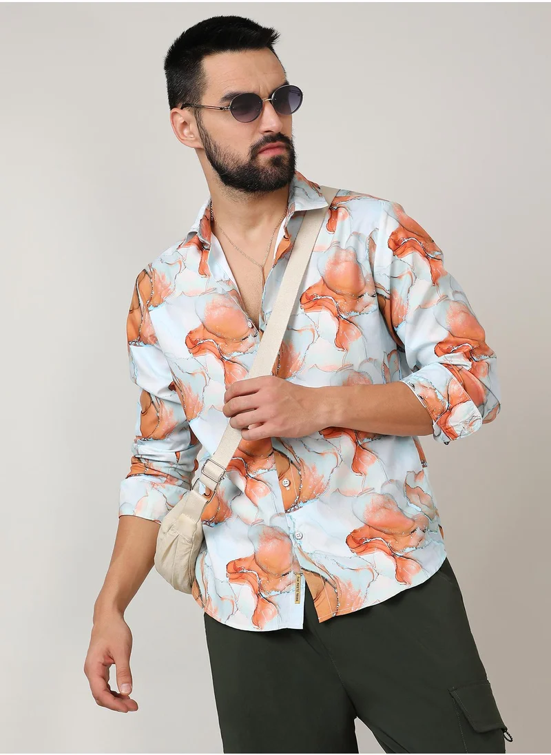 Campus Sutra Men's Sienna Brown & Light Blue Marble Shirt