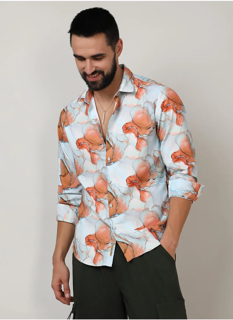 Campus Sutra Men's Sienna Brown & Light Blue Marble Shirt