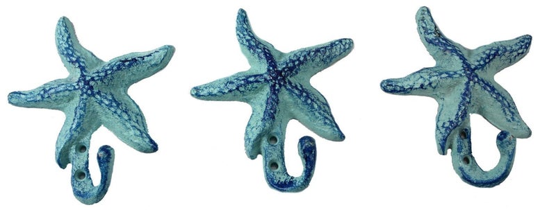 Moby Dick Starfish Cast Iron Wall Hooks Antique Blue - Set of 3 for Coats, Aprons, Hats, Towels, Pot Holders, More - Image 1
