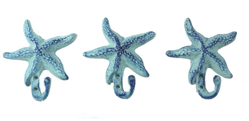 Moby Dick Starfish Cast Iron Wall Hooks Antique Blue - Set of 3 for Coats, Aprons, Hats, Towels, Pot Holders, More - Image 3
