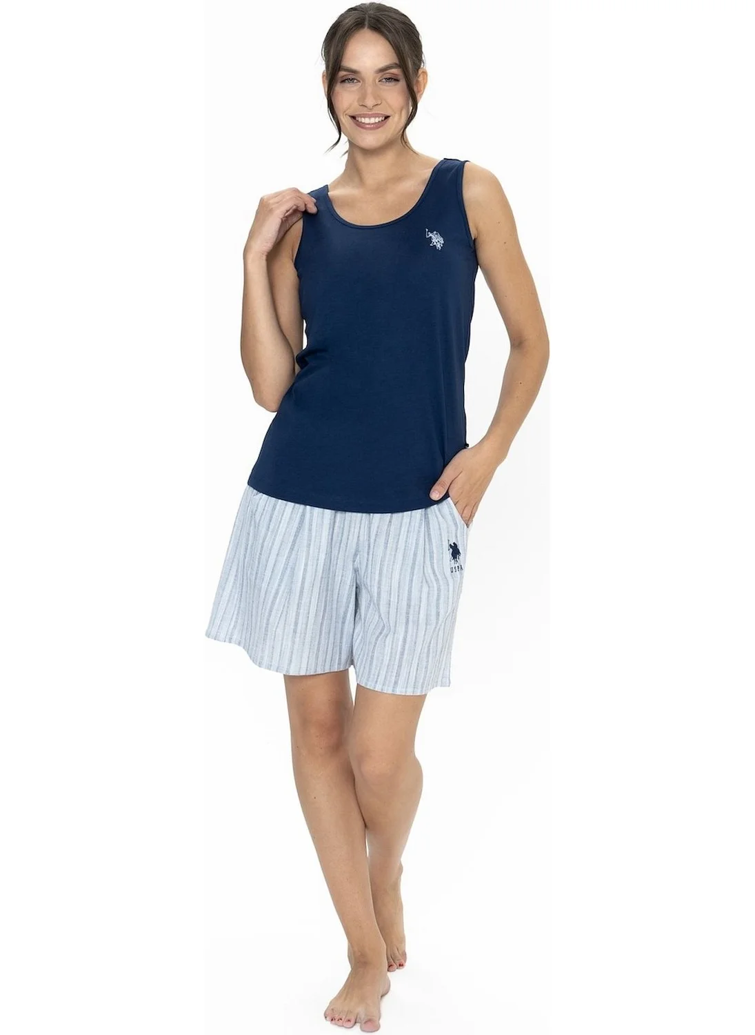 U.S. Polo Assn. 20021 Women's Thick Strappy Crew Neck Shorts Pajama Set-Navy Blue