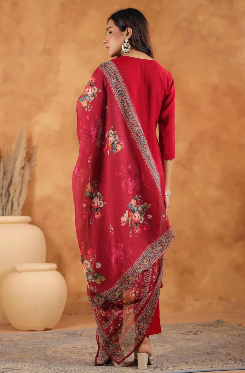 Janasya Maroon Chanderi Kurta with Pant & Dupatta for Women Yoke Embroidery Print Ethnic Wear - Image 4