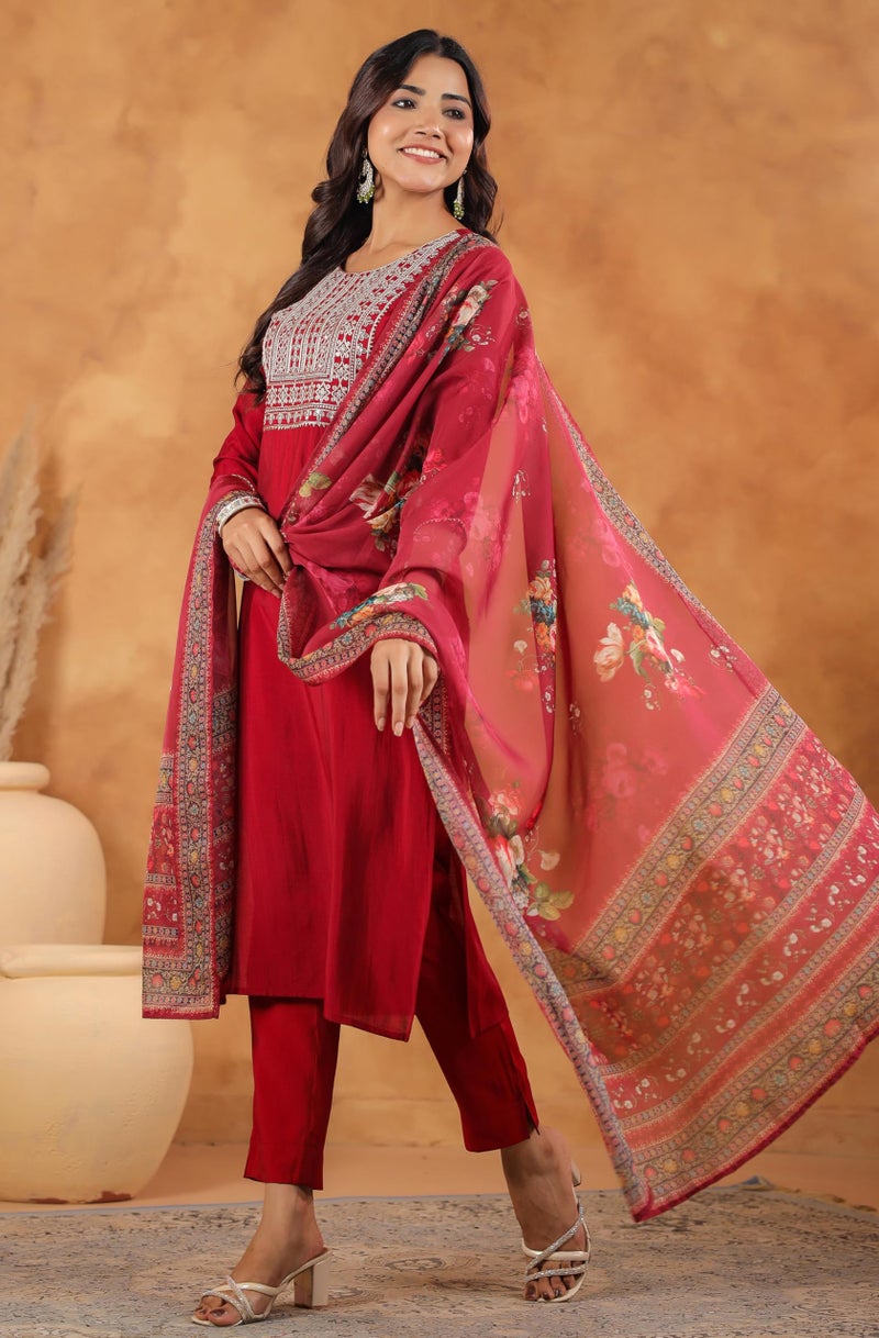 Janasya Maroon Chanderi Kurta with Pant & Dupatta for Women Yoke Embroidery Print Ethnic Wear - Image 3