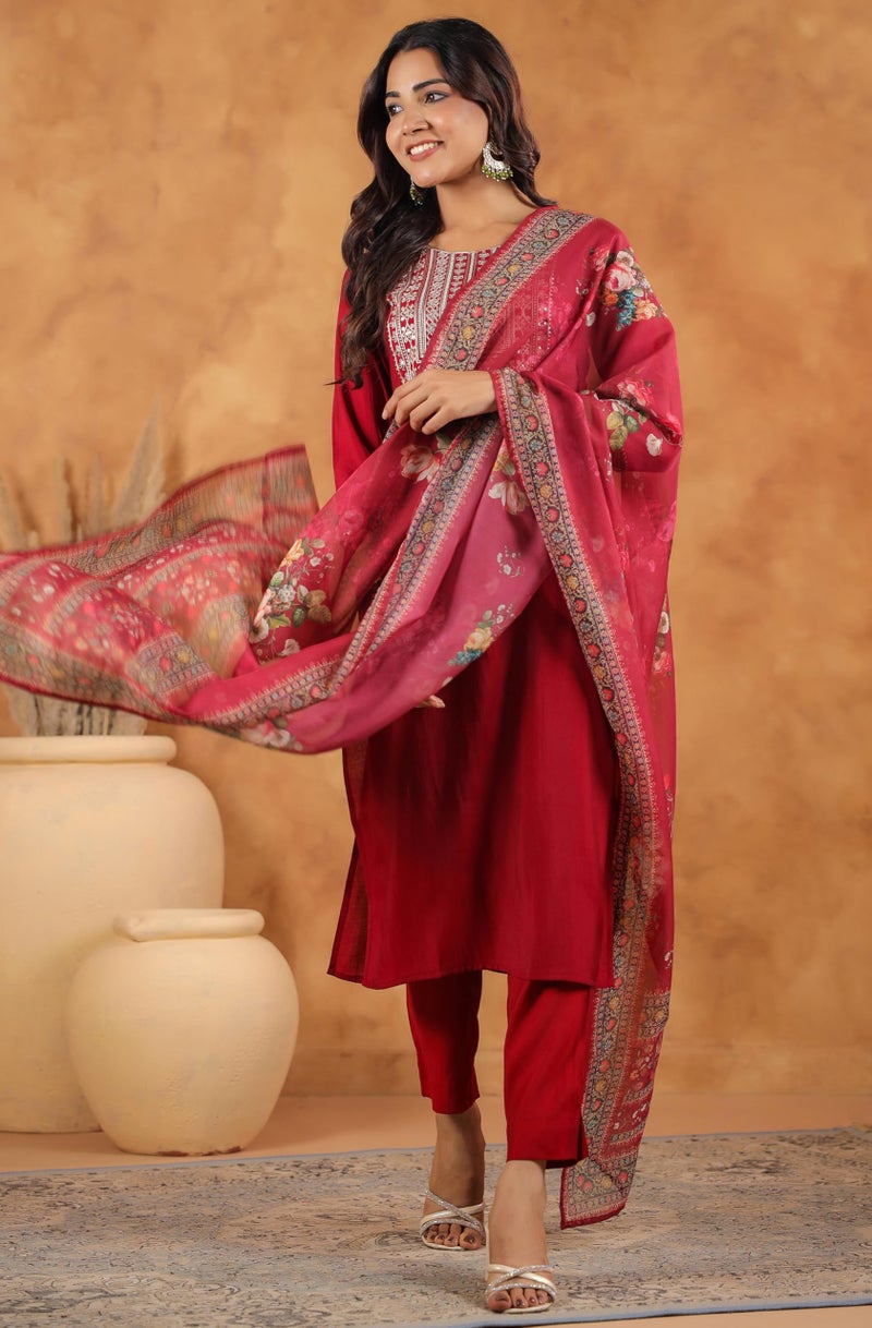Janasya Maroon Chanderi Kurta with Pant & Dupatta for Women Yoke Embroidery Print Ethnic Wear - Image 5