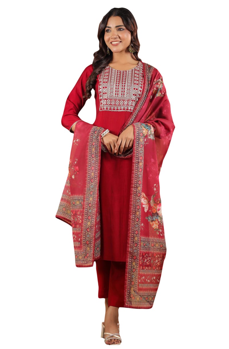 Janasya Maroon Chanderi Kurta with Pant & Dupatta for Women Yoke Embroidery Print Ethnic Wear - Image 1