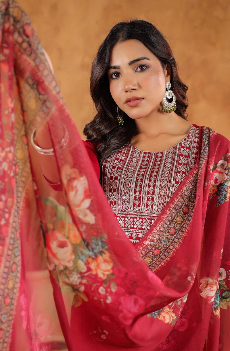 Janasya Maroon Chanderi Kurta with Pant & Dupatta for Women Yoke Embroidery Print Ethnic Wear - Image 2
