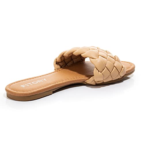 FITORY Womens Flat Sandals Fashion Round Open Toe Slip On Slides with Braided Strap Slippers for Summer Size 8 Apricot - Image 5
