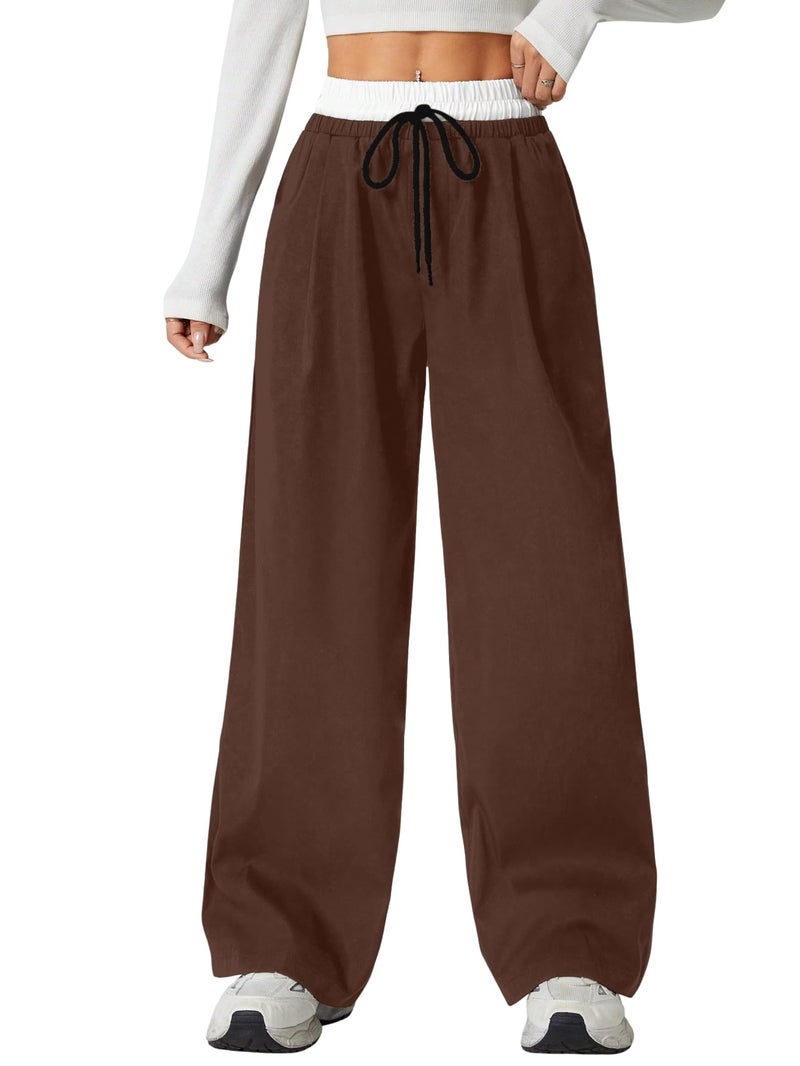 Aahwan Brown Solid Contrast Color Waist Wide Leg Pants & Trouser for Women's & Girl's (355-Brown-32) - Image 1