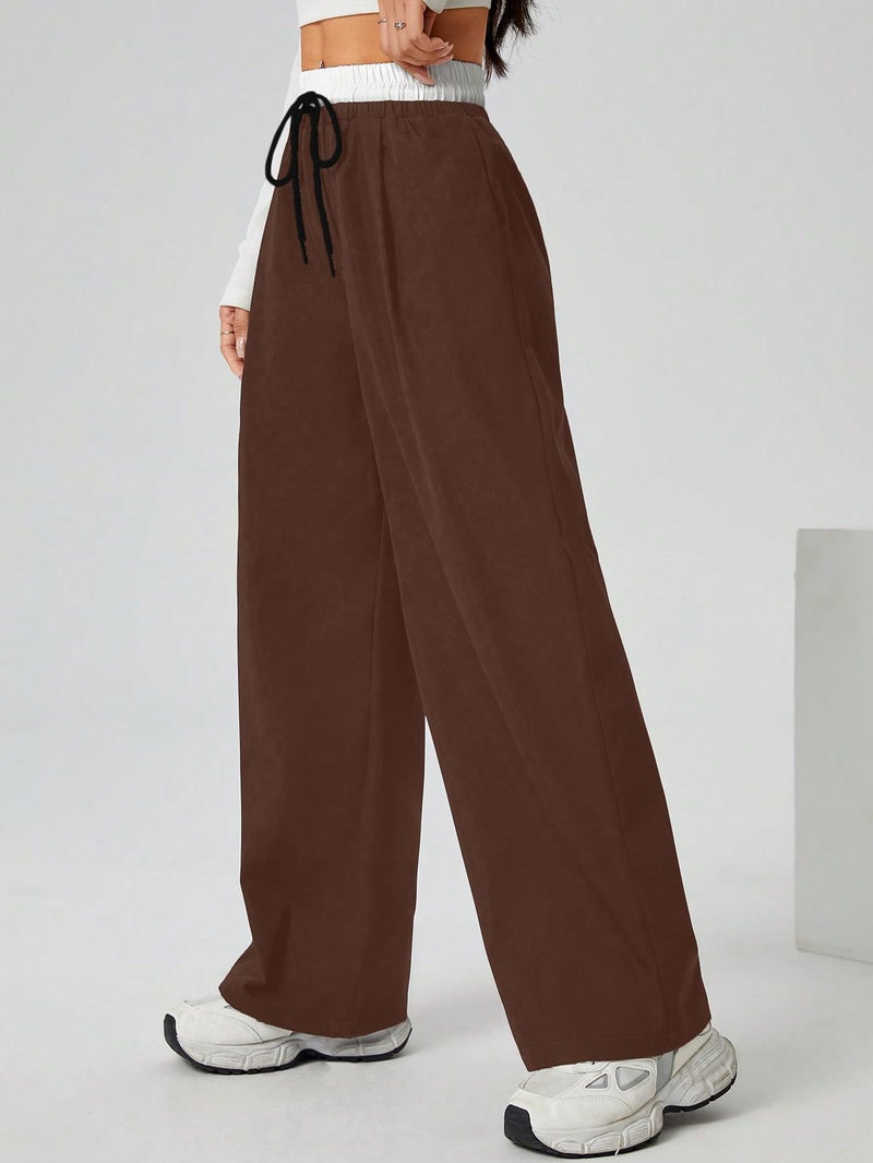 Aahwan Brown Solid Contrast Color Waist Wide Leg Pants & Trouser for Women's & Girl's (355-Brown-32) - Image 3