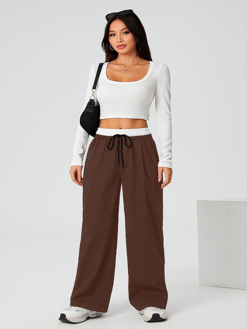 Aahwan Brown Solid Contrast Color Waist Wide Leg Pants & Trouser for Women's & Girl's (355-Brown-32) - Image 5