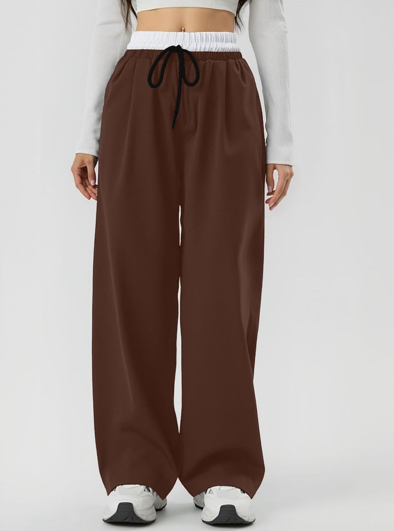 Aahwan Brown Solid Contrast Color Waist Wide Leg Pants & Trouser for Women's & Girl's (355-Brown-32) - Image 4