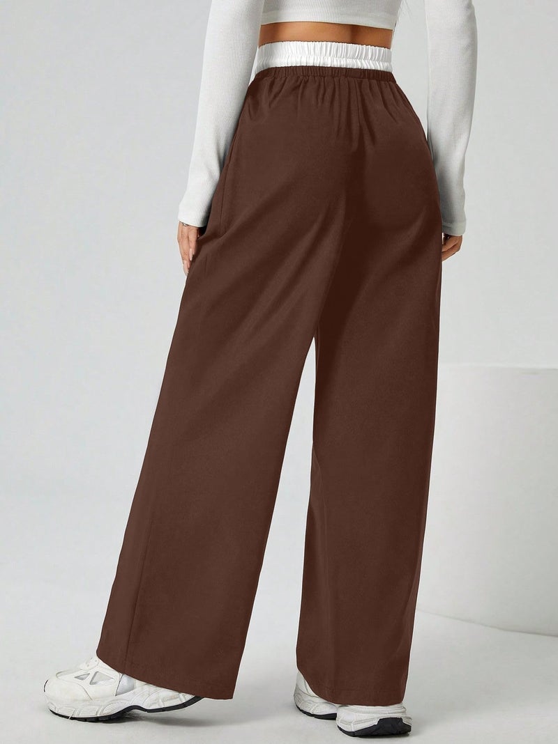 Aahwan Brown Solid Contrast Color Waist Wide Leg Pants & Trouser for Women's & Girl's (355-Brown-32) - Image 2