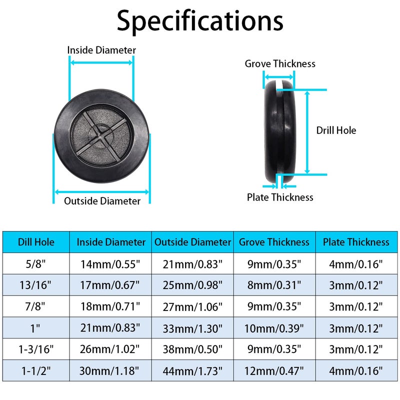 Hmknana 53PCS Rubber Grommets for Wiring, Rubber Grommet Kit in 6 Assorted Drill Hole Sizes 5/8" 13/16" 7/8" 1" 1-3/16" 1-1/2", Two-Sided Rubber Hole Plug for Protecting Wires - Image 3