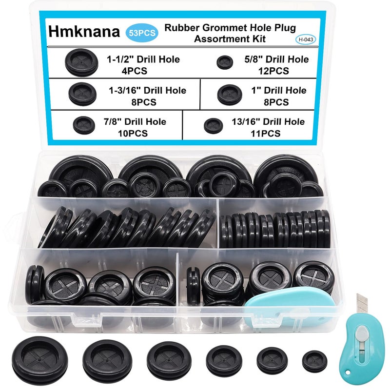 Hmknana 53PCS Rubber Grommets for Wiring, Rubber Grommet Kit in 6 Assorted Drill Hole Sizes 5/8" 13/16" 7/8" 1" 1-3/16" 1-1/2", Two-Sided Rubber Hole Plug for Protecting Wires - Image 1