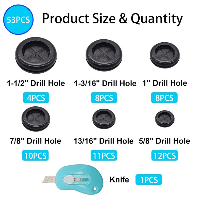 Hmknana 53PCS Rubber Grommets for Wiring, Rubber Grommet Kit in 6 Assorted Drill Hole Sizes 5/8" 13/16" 7/8" 1" 1-3/16" 1-1/2", Two-Sided Rubber Hole Plug for Protecting Wires - Image 2