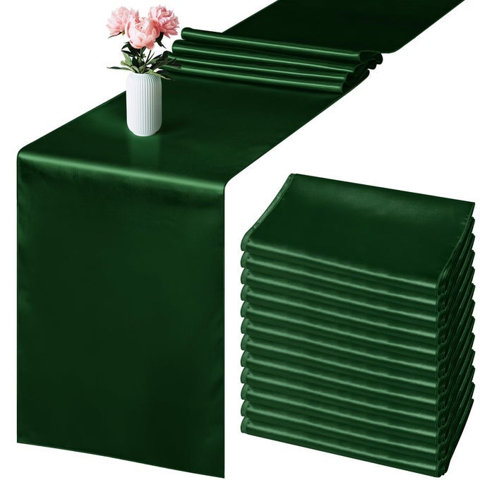 12 PACK SATIN TABLE RUNNER 12 X 108 INCH FOREST GREEN LONG WEDDING SATIN SILK TABLE RUNNER FOR WEDDING BANQUET GRADUATIONS BIRTHDAY PARTY DECORATION