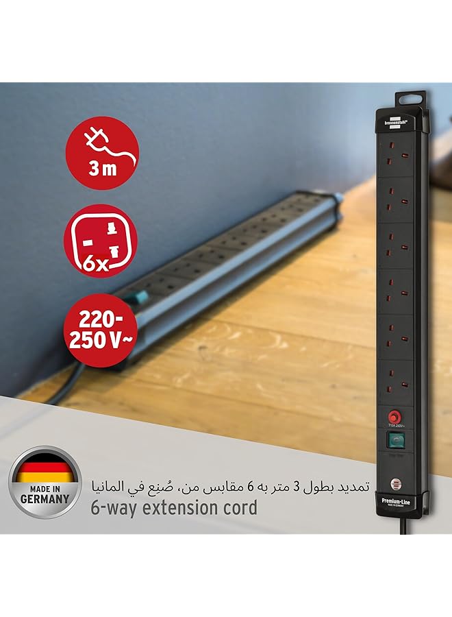 erorex Premium Line 6 Way Extension Socket With On Off Switch And Safety Fuse Button Long 3M Cable For Large Rooms H05Vv F3G1 5 Black With 13A Fuse  - Image 2