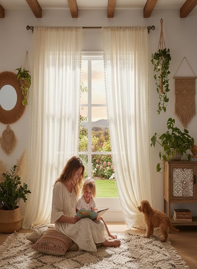 WAZZIO 80 Inch Vintage Sheer Curtains for Farmhouse - Privacy Non See Through Lace Crochet Curtain with Tassel Trim, Rod Pocket Window Treatments for Living Room,Bedroom (Set of 2 Panels,W59 xL80) - Image 4