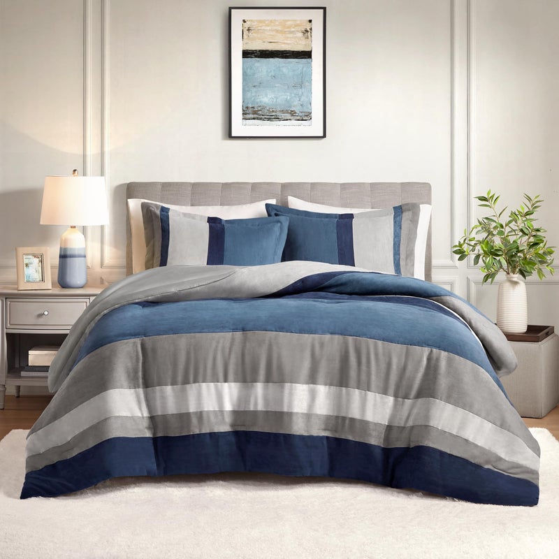 Comfort Spaces طقم لحاف كينغ من كومفورت سبيس 3 قطع تصميم فاخر من ميكروسويد مع قطع ملونة وخطوط طقم لحاف لجميع الفصول ناعم من الميكروفايبر مع شامات مطابقة كينغ كالي كينغ أزرق