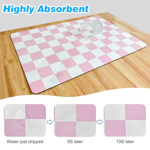 CooRug Checkered Dish Drying Mat for Kitchen Counter, Absorbent Non-Slip Coffee Mat, Heat Resistant Mat for Countertops Coffee Bar Decor 12" x 20" Pink - Image 4