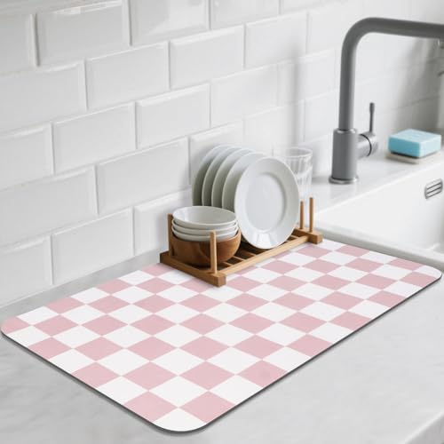 CooRug Checkered Dish Drying Mat for Kitchen Counter, Absorbent Non-Slip Coffee Mat, Heat Resistant Mat for Countertops Coffee Bar Decor 12" x 20" Pink - Image 1