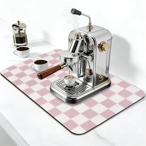 CooRug Checkered Dish Drying Mat for Kitchen Counter, Absorbent Non-Slip Coffee Mat, Heat Resistant Mat for Countertops Coffee Bar Decor 12" x 20" Pink - Image 3