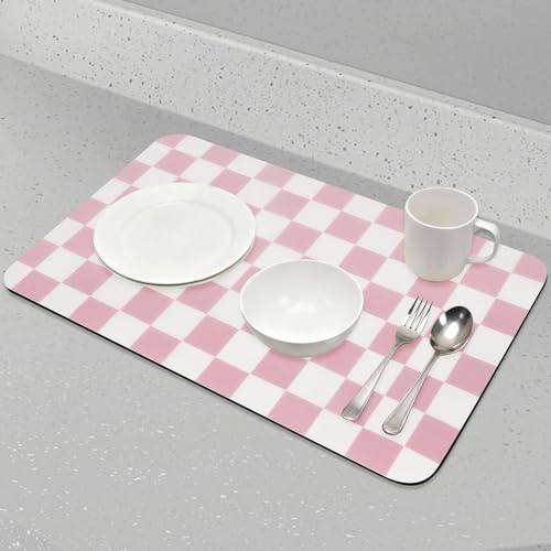 CooRug Checkered Dish Drying Mat for Kitchen Counter, Absorbent Non-Slip Coffee Mat, Heat Resistant Mat for Countertops Coffee Bar Decor 12" x 20" Pink - Image 5