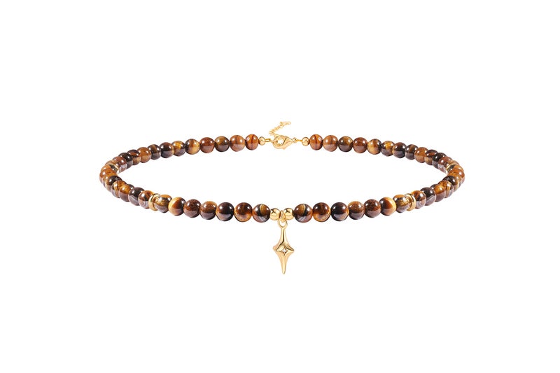 PEARLADA Tiger Eye Beaded Choker, Healing Crystal Necklace for Women, 18k Gold Star Charm Pendant Necklace - Image 1