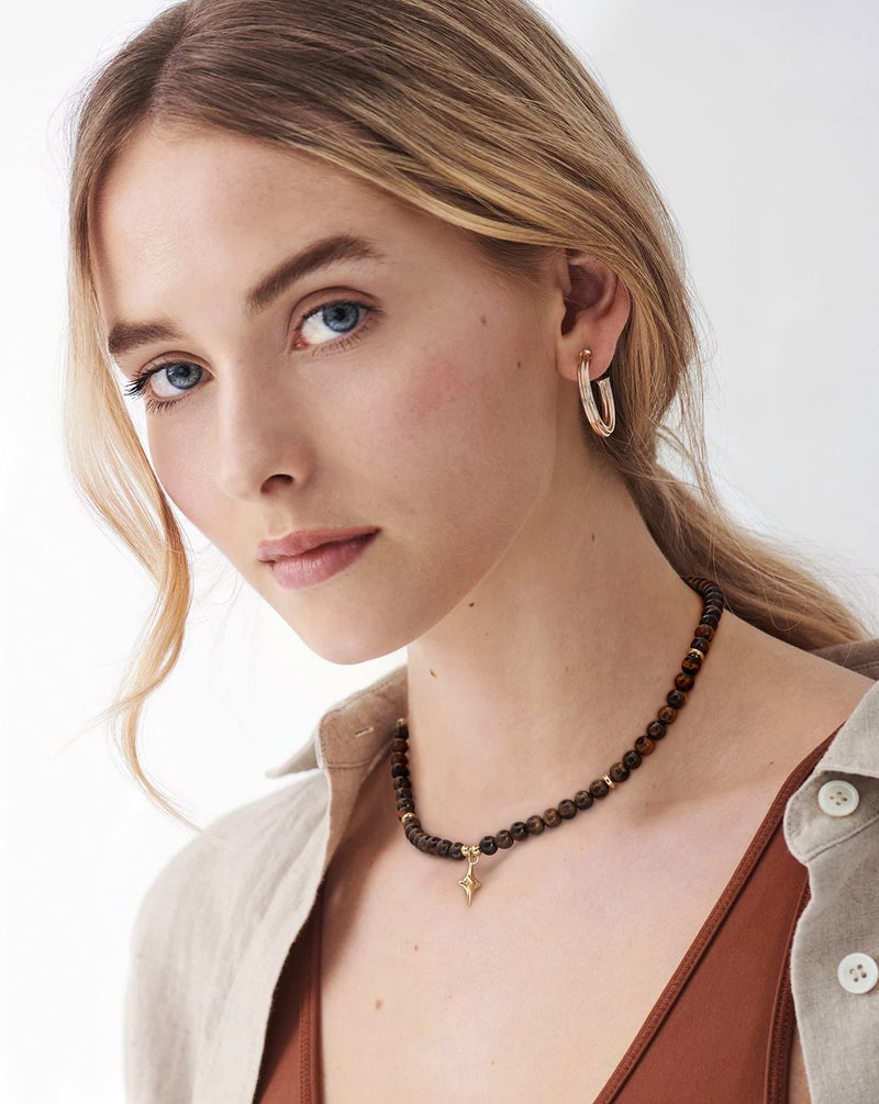 PEARLADA Tiger Eye Beaded Choker, Healing Crystal Necklace for Women, 18k Gold Star Charm Pendant Necklace - Image 2