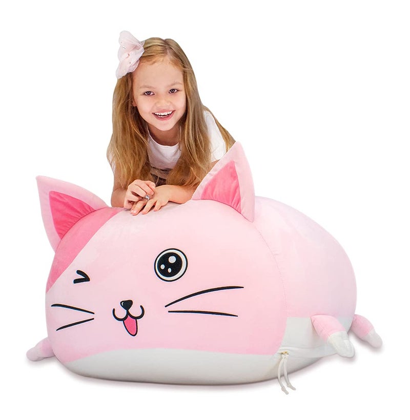 Anzitinlan Cute Cat Bean Bag Chair for Kids Pink Stuffed Animal Storage Beanbag Chairs for Girls Room Decor Extra Large Size Velvet Super Soft Cover Only
