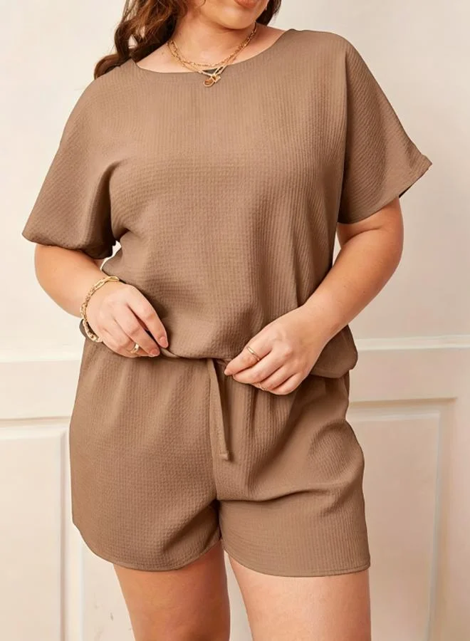 تايك تو Plus Size Coffee Brown Waffle Knit T-Shirt and Short Pyjama Set