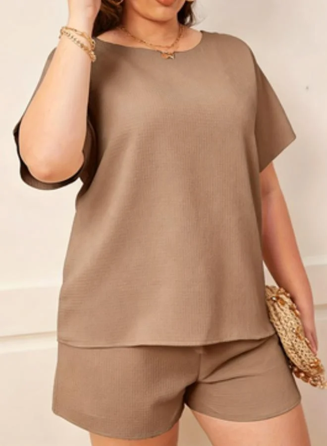 تايك تو Plus Size Coffee Brown Waffle Knit T-Shirt and Short Pyjama Set