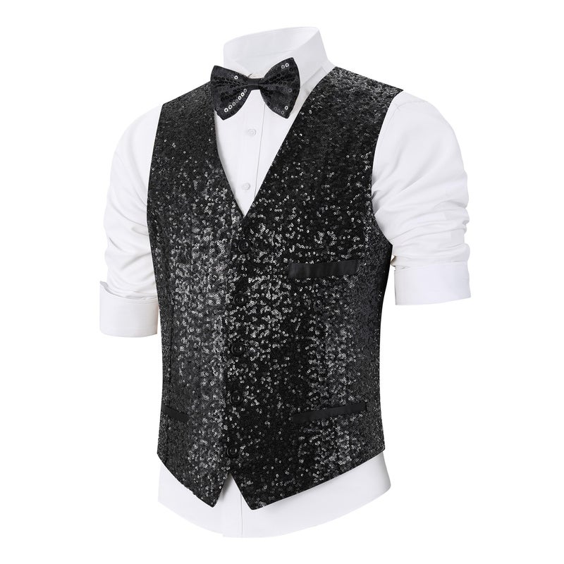 Pixiemain Mens Sequin Vest Christmas Party Formal V-neck Shiny Waistcoat Bowtie Set for Wedding Events-Black Sequin - Image 1