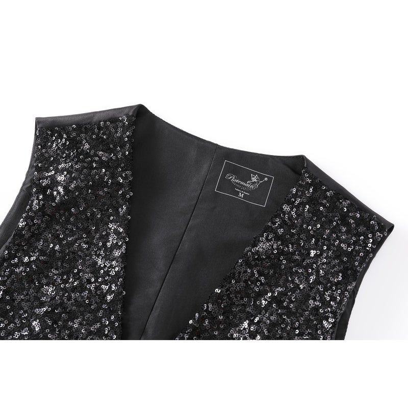 Pixiemain Mens Sequin Vest Christmas Party Formal V-neck Shiny Waistcoat Bowtie Set for Wedding Events-Black Sequin - Image 4