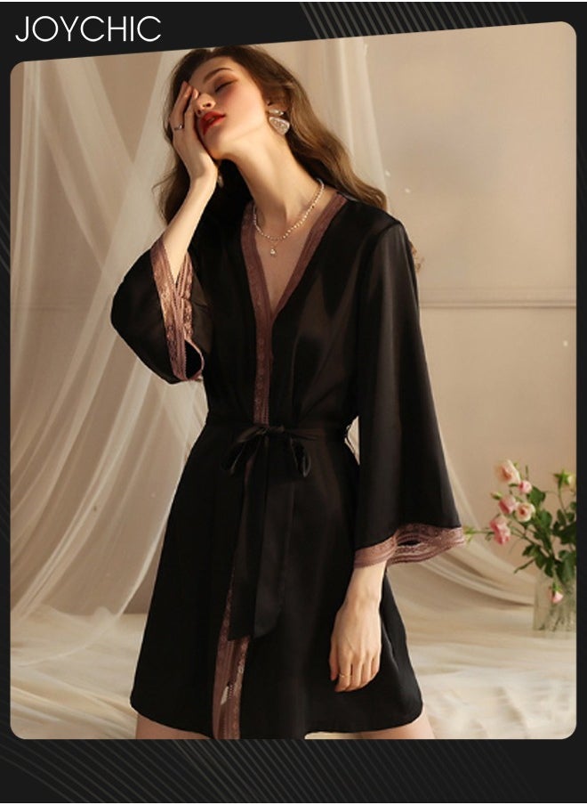 Joychic - New Style Silky Satin Pajamas Women Ice Silk Long-sleeved Silk Lace Nightgown with Delicate Lace Cuffs Black - Image 1