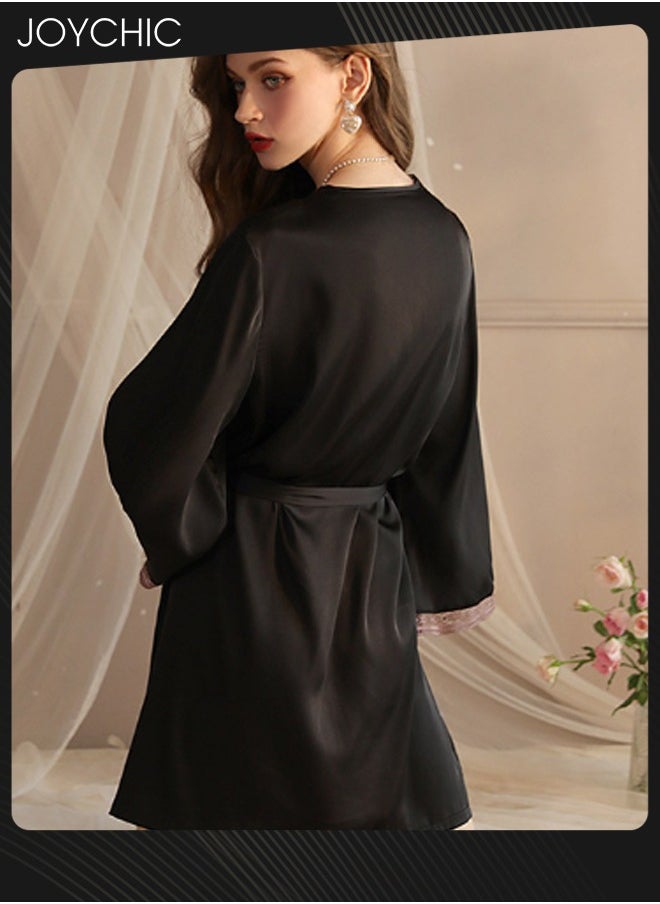 Joychic - New Style Silky Satin Pajamas Women Ice Silk Long-sleeved Silk Lace Nightgown with Delicate Lace Cuffs Black - Image 1