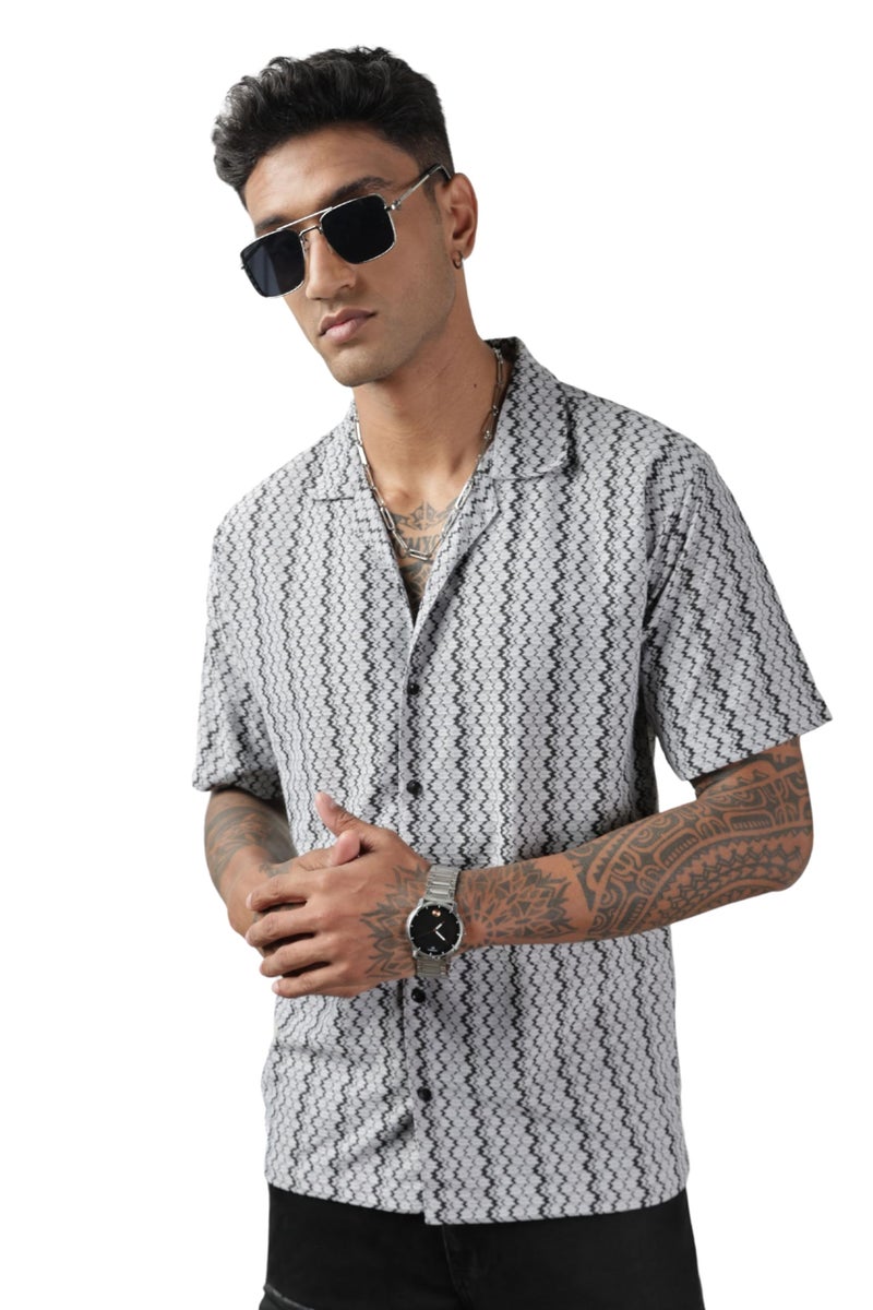 SWADESI STUFF Men's Geometric Print Regular Fit Polycotton Shirt | Stylish Half Sleeve Casual Shirt for Men (in, Alpha, L, Regular, Grey) - Image 1