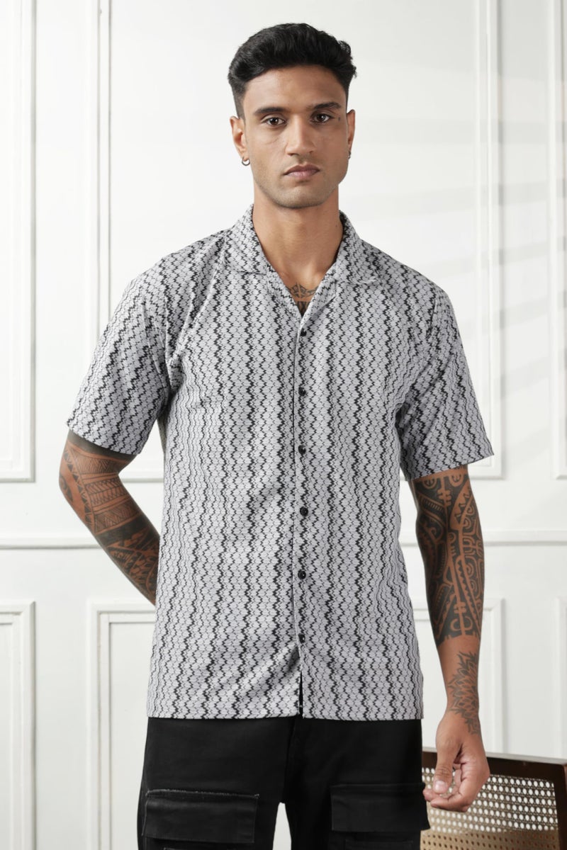 SWADESI STUFF Men's Geometric Print Regular Fit Polycotton Shirt | Stylish Half Sleeve Casual Shirt for Men (in, Alpha, L, Regular, Grey) - Image 2