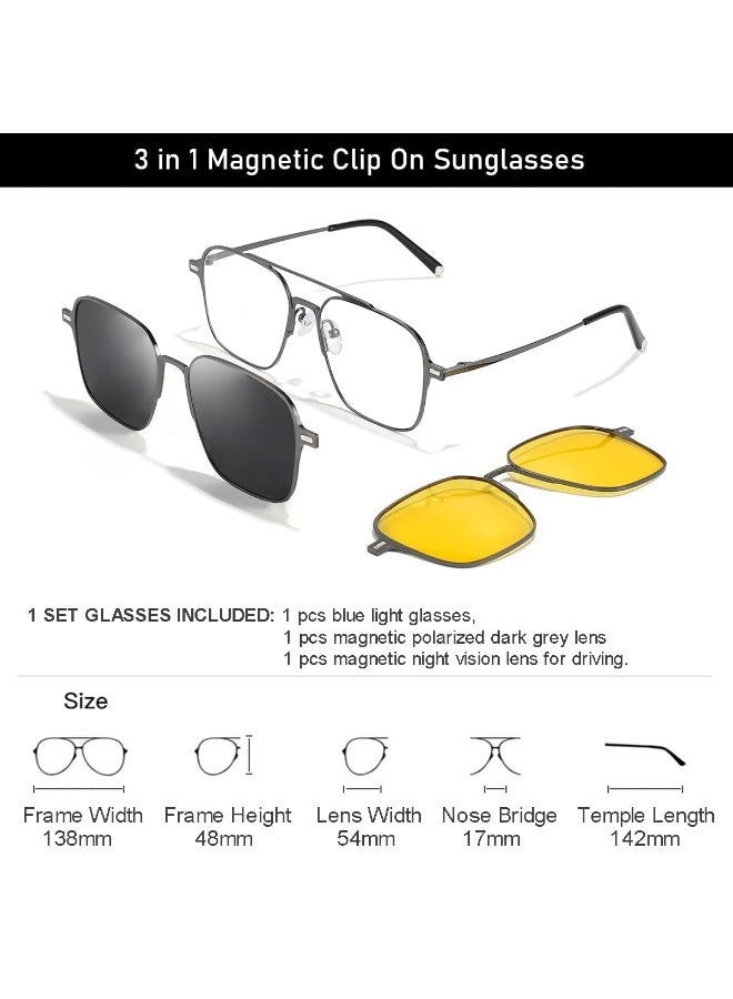 Magnetic Clip on Sunglasses for Men & Women Polarized UV Protection Retro Square Eyeglasses Fit Over Night Driving (3 PCS) - Image 3