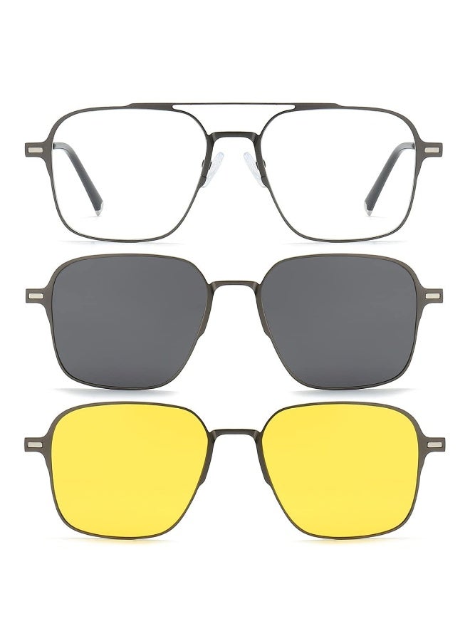 Magnetic Clip on Sunglasses for Men & Women Polarized UV Protection Retro Square Eyeglasses Fit Over Night Driving (3 PCS) - Image 2