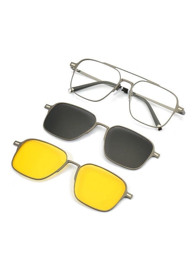 Magnetic Clip on Sunglasses for Men & Women Polarized UV Protection Retro Square Eyeglasses Fit Over Night Driving (3 PCS) - Image 1