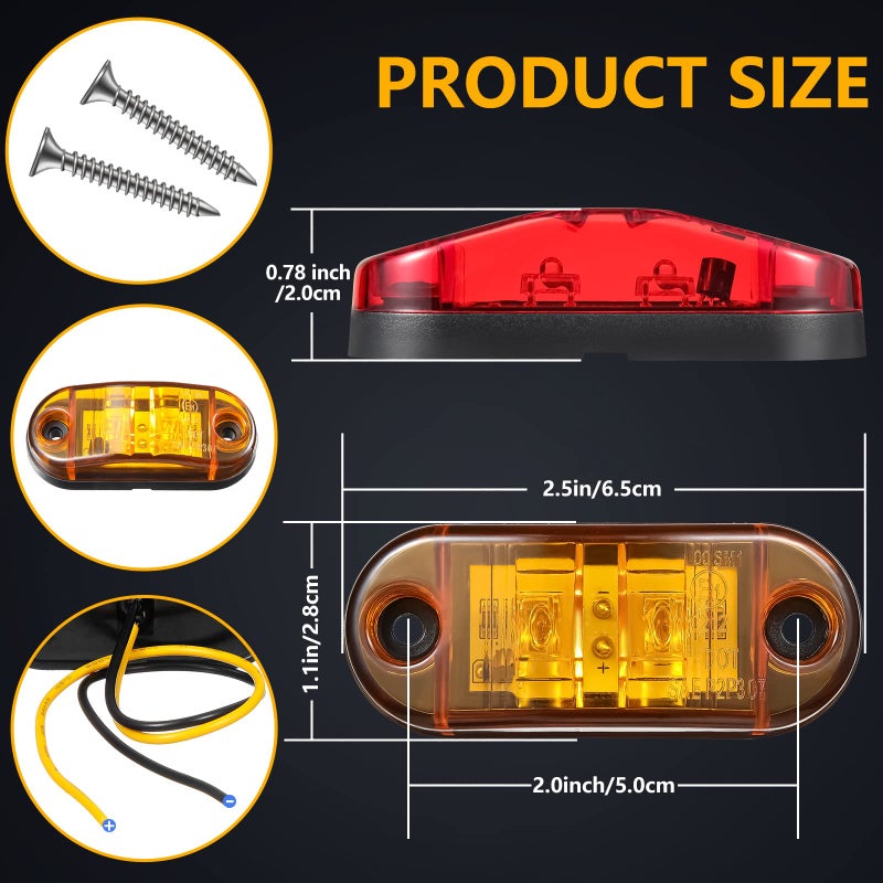 Tallew 10 Pcs 2.5 Inch LED Trailer Lights 2 Diode Waterproof LED Trailer Side Marker Oval Signal Running Lights for Truck Boat Rv(Amber, Red) - Image 2