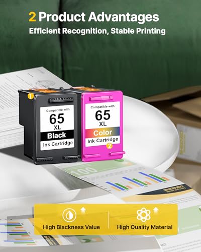 SHEENGO 65XL 65 Ink Cartridges Black/Tri-Color Combo Pack (2-Pack) | for HP Ink 65 65 XL | for HP Printers 3755 3772 3752, Deskjet 2622 2680 2600, Envy 5055 5058 5052 5014 5000 Series | N9K04AN, N9K03AN - Image 4