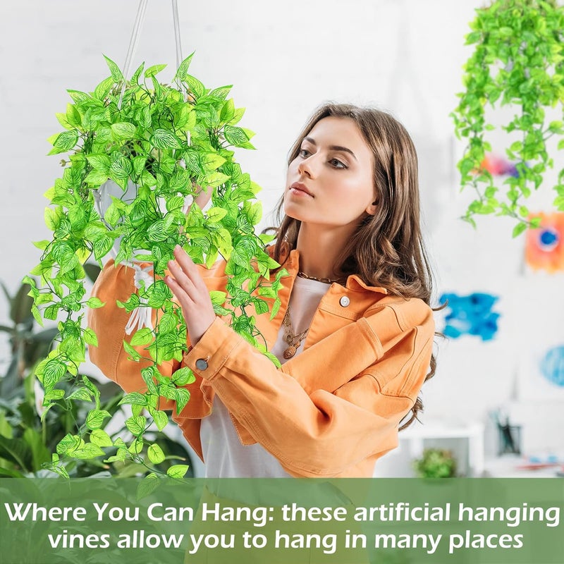 Hoteam 12 Pcs Artificial Hanging Plants 32 Inch Fake Ivy Vines with Fake Leaves Patio Artificial Plants Greenery for Living Room Indoor Outdoor Wall, No Basket (Marble Queen Pothos) - Image 4
