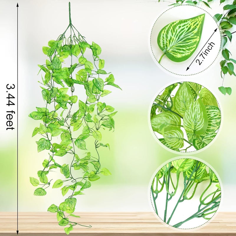 Hoteam 12 Pcs Artificial Hanging Plants 32 Inch Fake Ivy Vines with Fake Leaves Patio Artificial Plants Greenery for Living Room Indoor Outdoor Wall, No Basket (Marble Queen Pothos) - Image 2