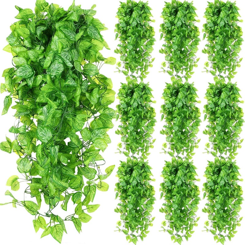 Hoteam 12 Pcs Artificial Hanging Plants 32 Inch Fake Ivy Vines with Fake Leaves Patio Artificial Plants Greenery for Living Room Indoor Outdoor Wall, No Basket (Marble Queen Pothos) - Image 1