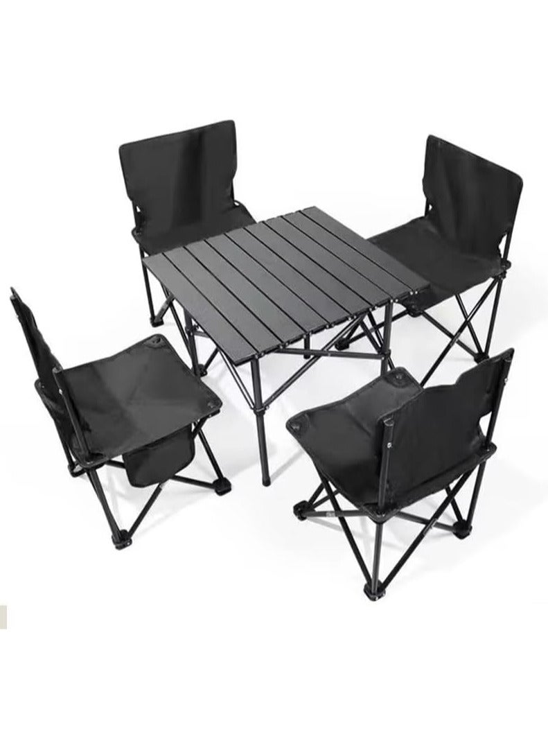 Yuwell Portable Roll-Up Camping Table with 4 Chairs, Lightweight Aluminum Folding Picnic Table Set with Carry Bag, Waterproof, Rust-Resistant Outdoor Table & Chair for Camping Table 53×50×50 cm Black - Image 1