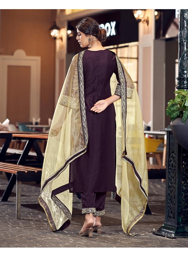 سيريل طقم كورتا مستقيمة مطرزة من الحرير للنساء من SIRIL مع دوباتا (104KBD1133-S_Wine) - Image 2